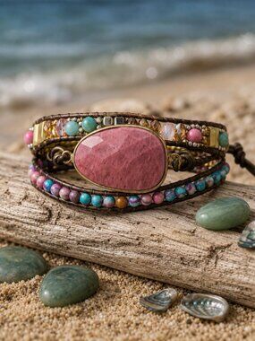 Triple Wrap Vegan Leather Bracelet Rhodonite Jasper Crystal Beads Boho Chic 24"